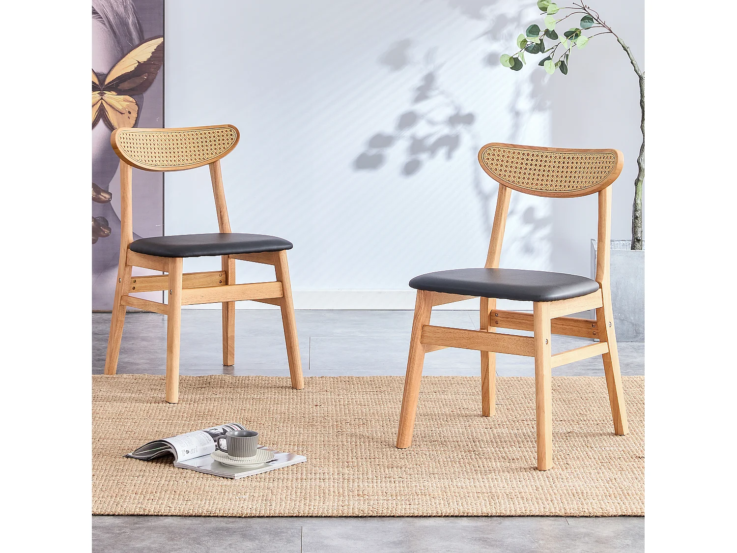 Lot de 2 chaises de salle à manger en bois massif avec dossier en rotin et assise rembourrée style scandinave salon - Sweiko