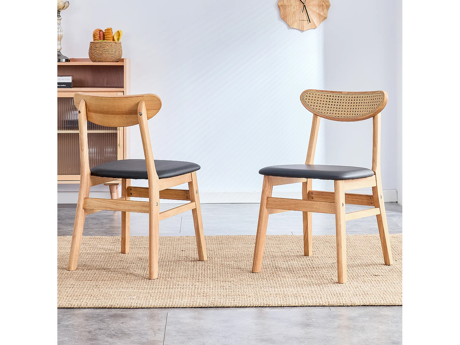 Lot de 2 chaises de salle à manger en bois massif avec dossier en rotin et assise rembourrée style scandinave salon - Sweiko