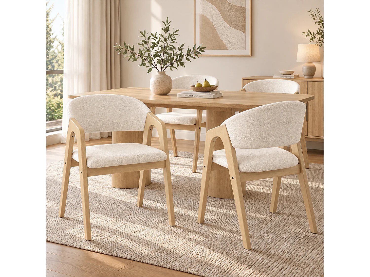 Lot de 6 chaises de salle à manger en bois massif, confortables et respirantes, style moderne, tissu lin, bois naturel et beige, salon café - Sweiko