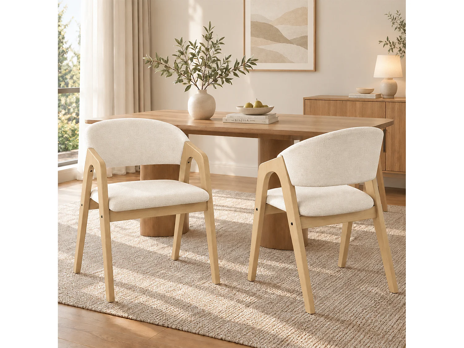 Lot de 6 chaises de salle à manger en bois massif, confortables et respirantes, style moderne, tissu lin, bois naturel et beige, salon café - Sweiko