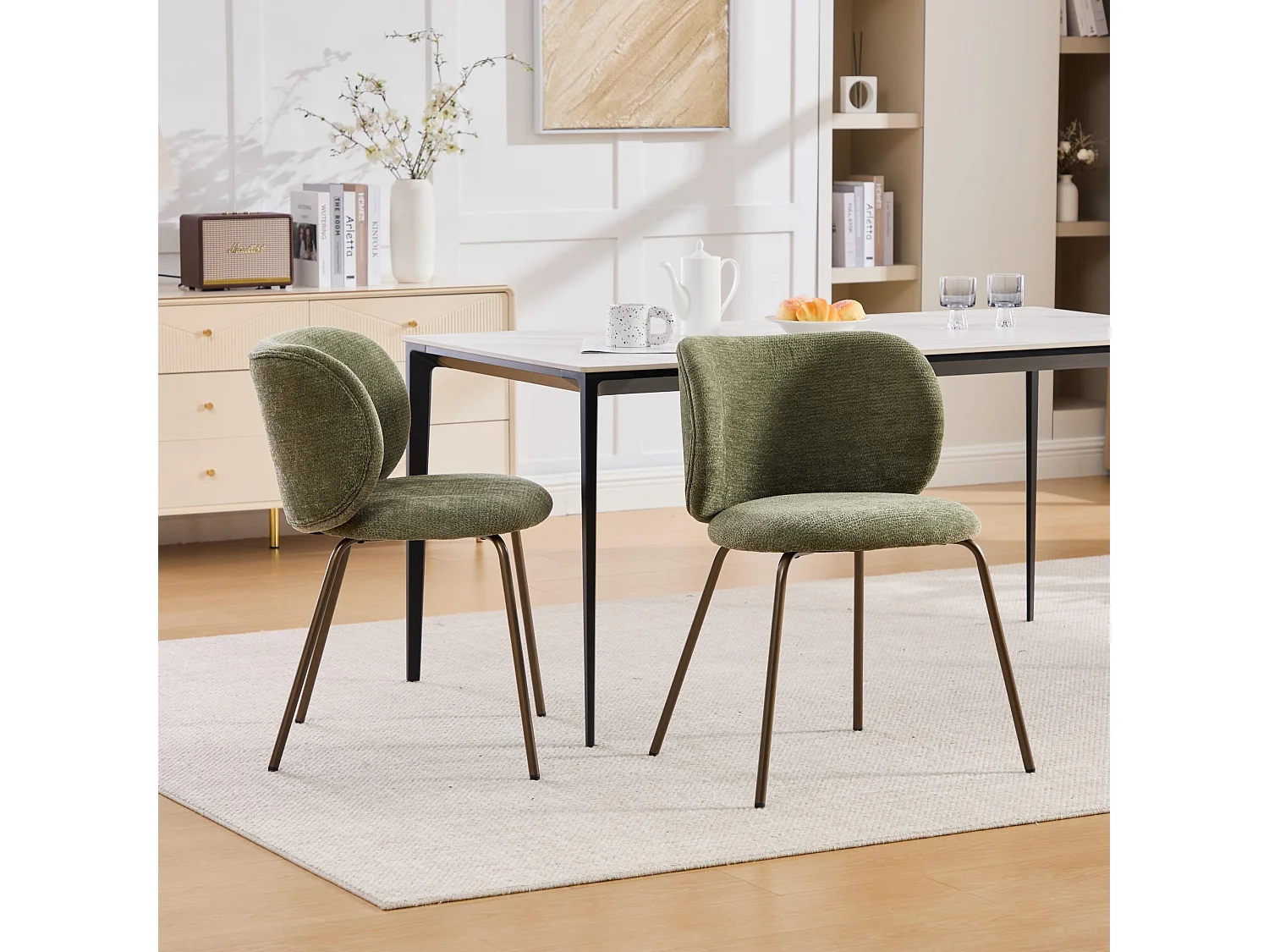 Chaises de salle à manger contemporaines chenille dossier incurvé confortable rembourrage moelleux pieds métal bronze lot 2 vert - Sweiko
