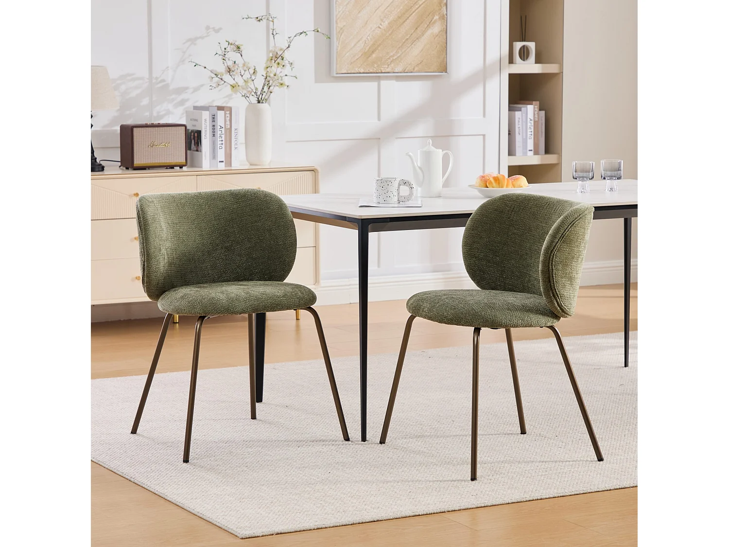 Chaises de salle à manger contemporaines chenille dossier incurvé confortable rembourrage moelleux pieds métal bronze lot 2 vert - Sweiko