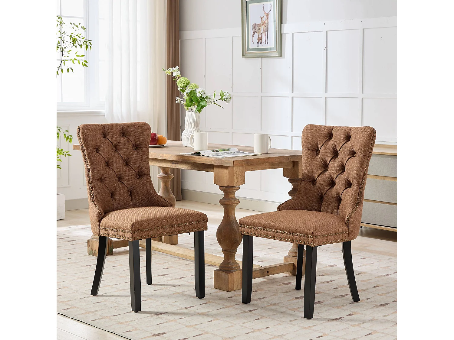Chaises de salle à manger contemporaines haut gamme bois massif lin rembourrées pieds bois finition clous lot 2 café - Sweiko