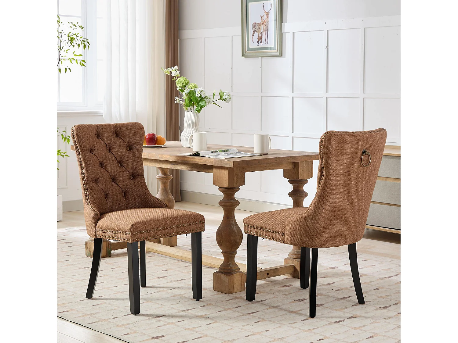 Chaises de salle à manger contemporaines haut gamme bois massif lin rembourrées pieds bois finition clous lot 2 café - Sweiko