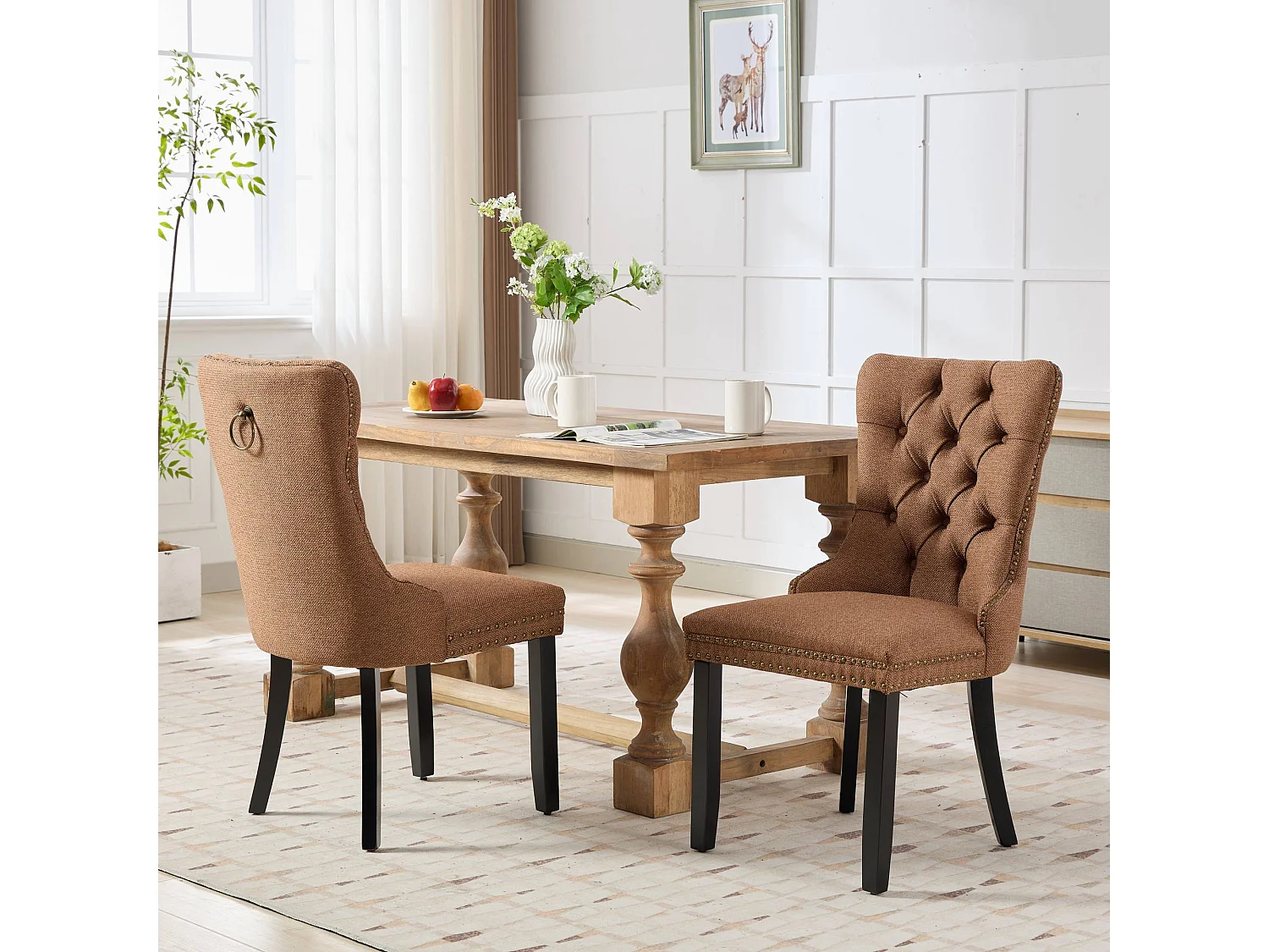 Chaises de salle à manger contemporaines haut gamme bois massif lin rembourrées pieds bois finition clous lot 2 café - Sweiko