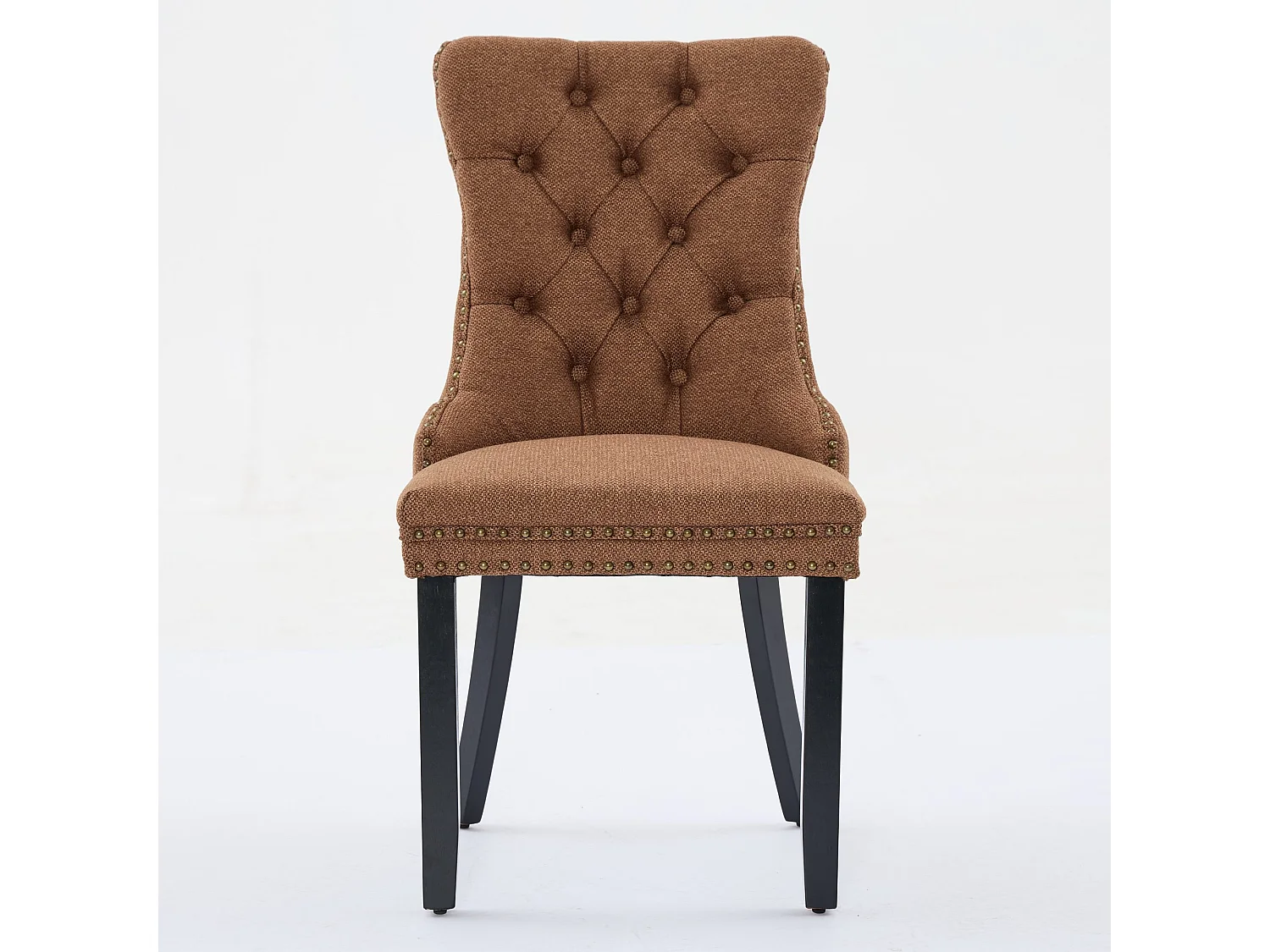 Chaises de salle à manger contemporaines haut gamme bois massif lin rembourrées pieds bois finition clous lot 2 café - Sweiko