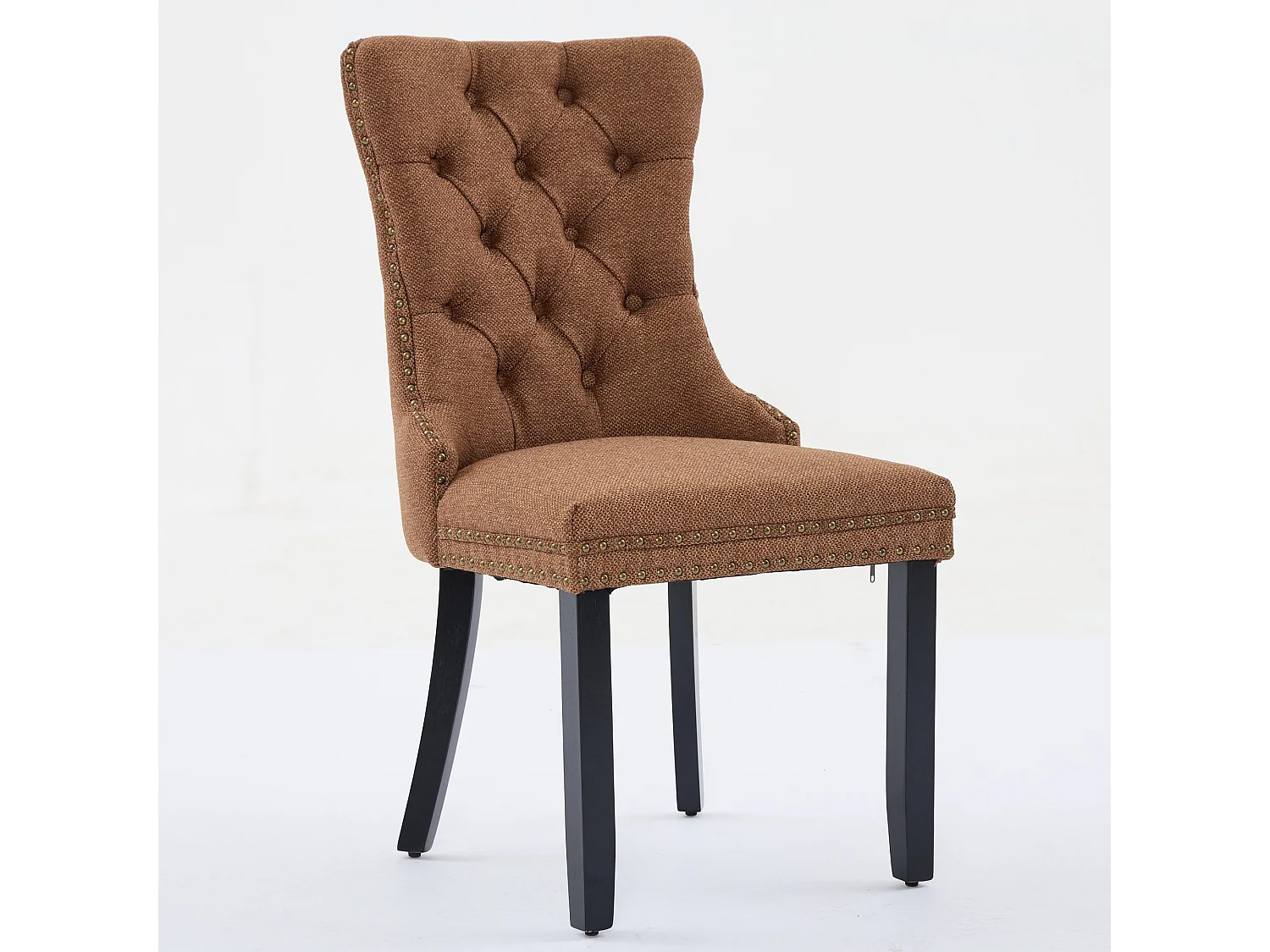 Chaises de salle à manger contemporaines haut gamme bois massif lin rembourrées pieds bois finition clous lot 2 café - Sweiko