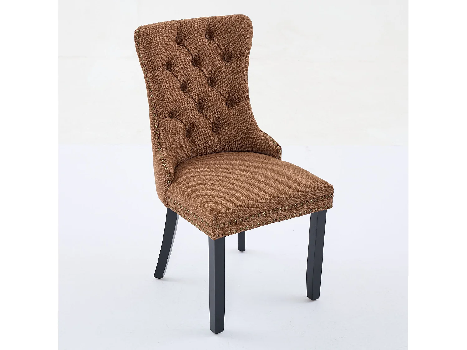 Chaises de salle à manger contemporaines haut gamme bois massif lin rembourrées pieds bois finition clous lot 2 café - Sweiko