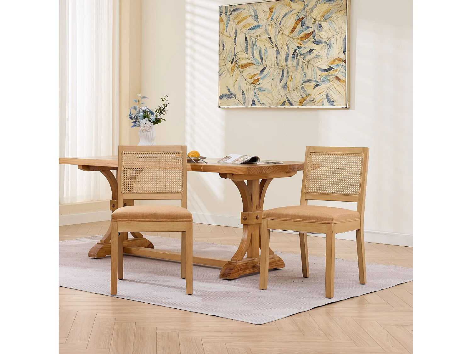 Lot de 2 chaises de salle à manger en rotin dossier cannage cadre bois massif naturel assise rembourrée mousse ressort s pour cuisine maison beige - Sweiko
