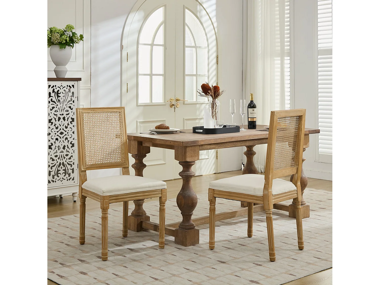Lot de 2 chaises salle à manger fermière bois massif vieilli dossier rotin carré assise lin beige - Sweiko