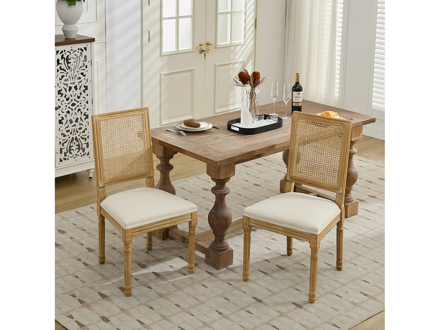 Lot de 2 chaises salle à manger fermière bois massif vieilli dossier rotin carré assise lin beige - Sweiko
