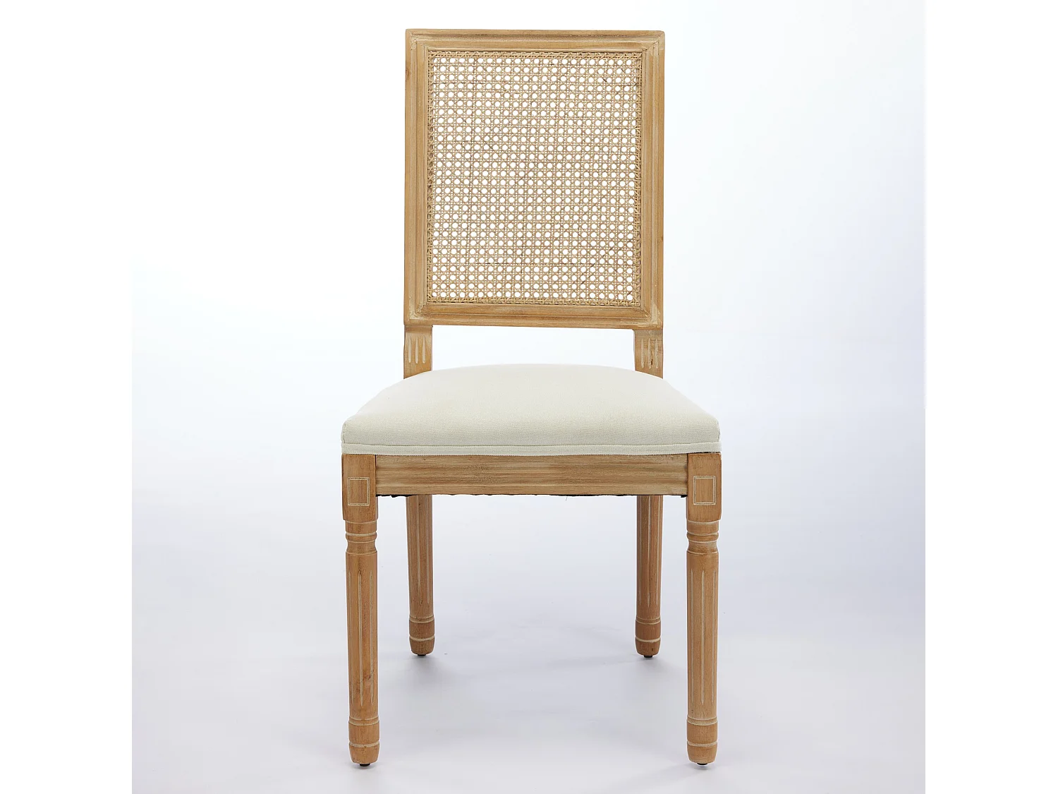 Lot de 2 chaises salle à manger fermière bois massif vieilli dossier rotin carré assise lin beige - Sweiko
