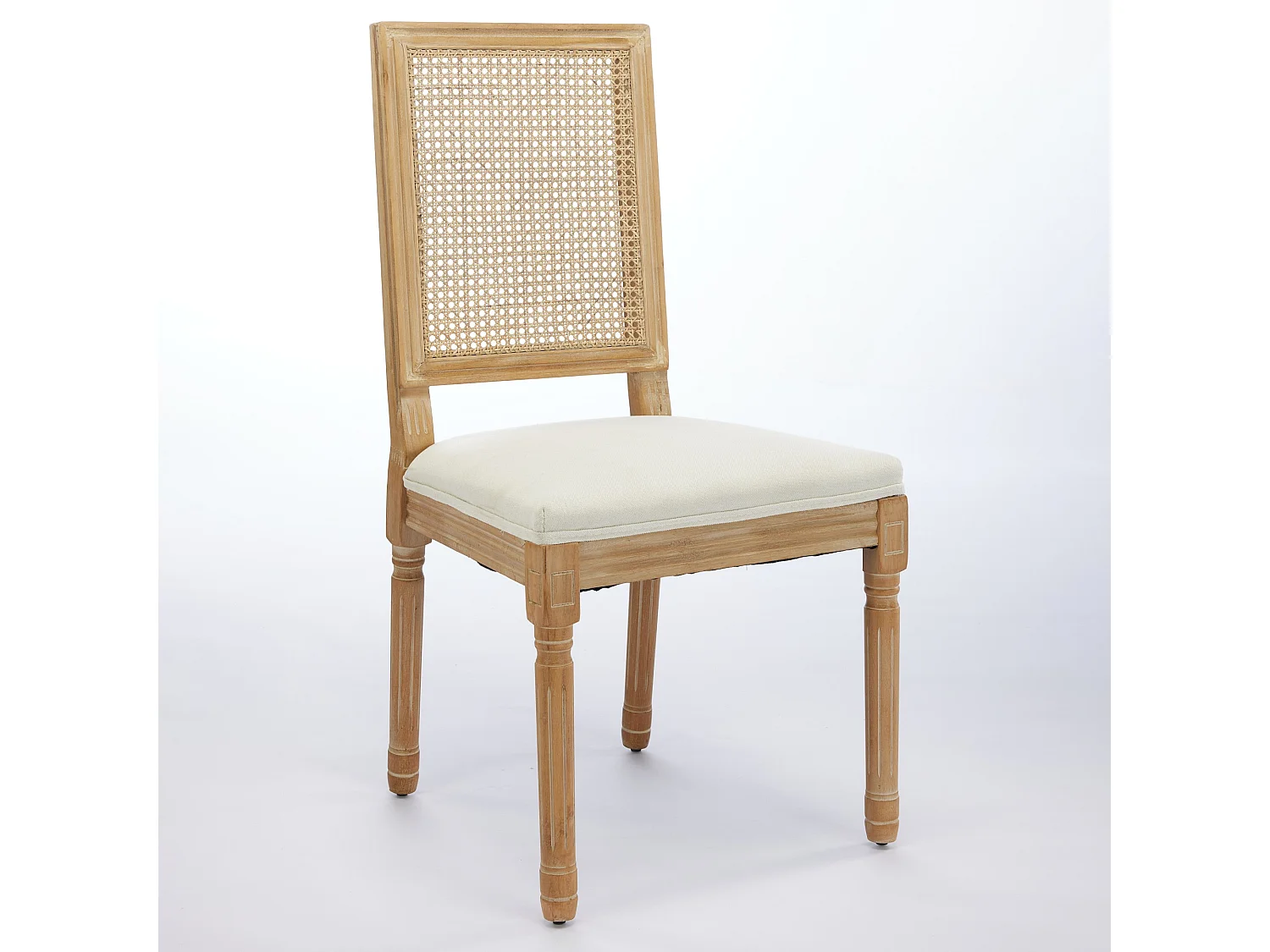 Lot de 2 chaises salle à manger fermière bois massif vieilli dossier rotin carré assise lin beige - Sweiko
