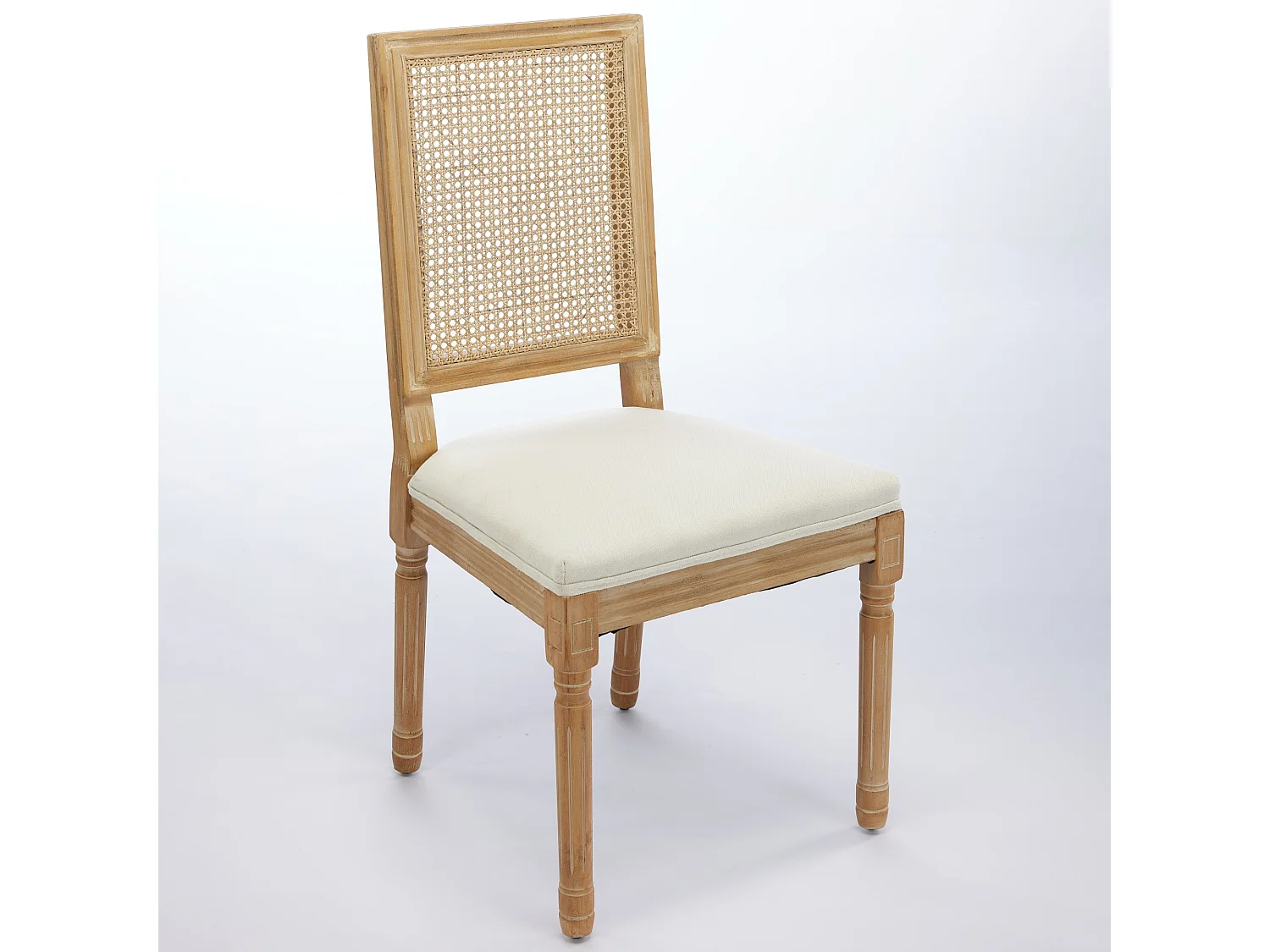 Lot de 2 chaises salle à manger fermière bois massif vieilli dossier rotin carré assise lin beige - Sweiko