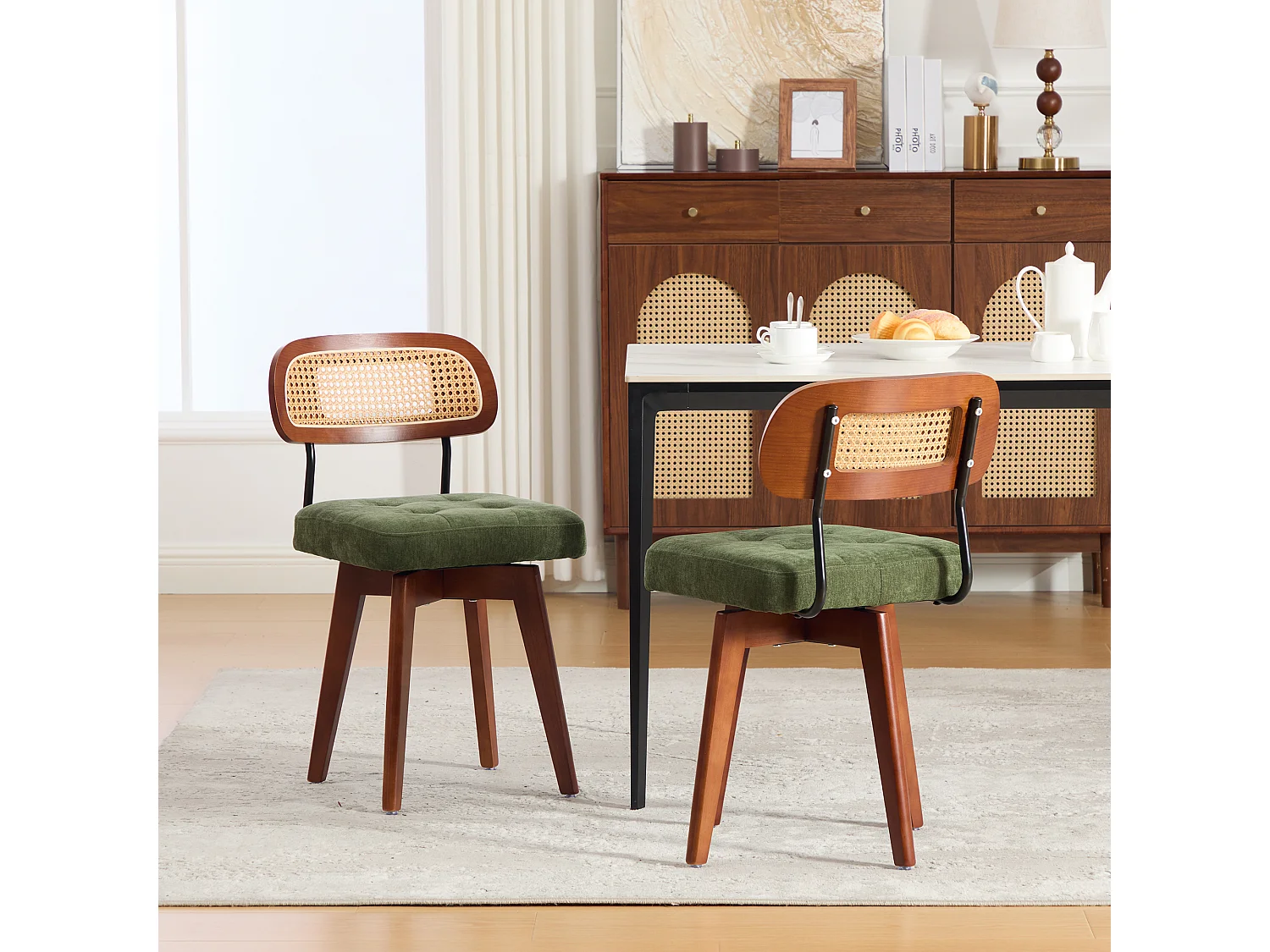 Chaise pivotante 360° lot de 2, chaises de cuisine style mid-century moderne, dossier tressé et assise rembourrée vert chenille - Sweiko