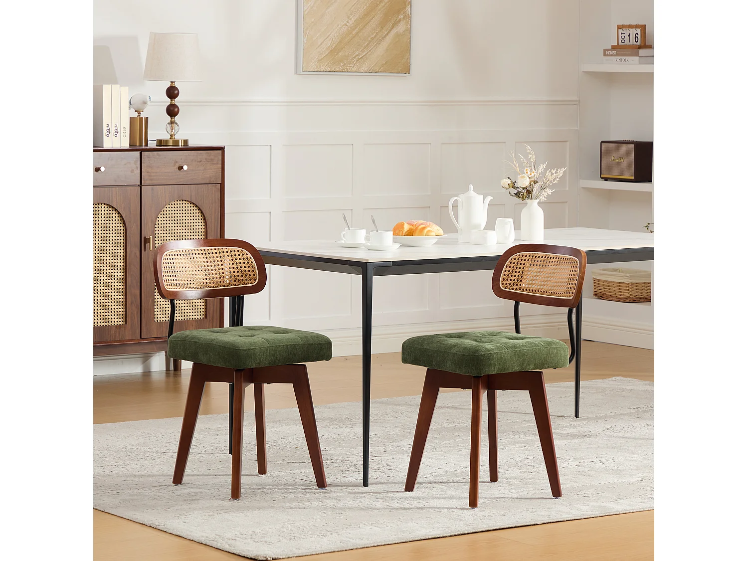 Chaise pivotante 360° lot de 2, chaises de cuisine style mid-century moderne, dossier tressé et assise rembourrée vert chenille - Sweiko
