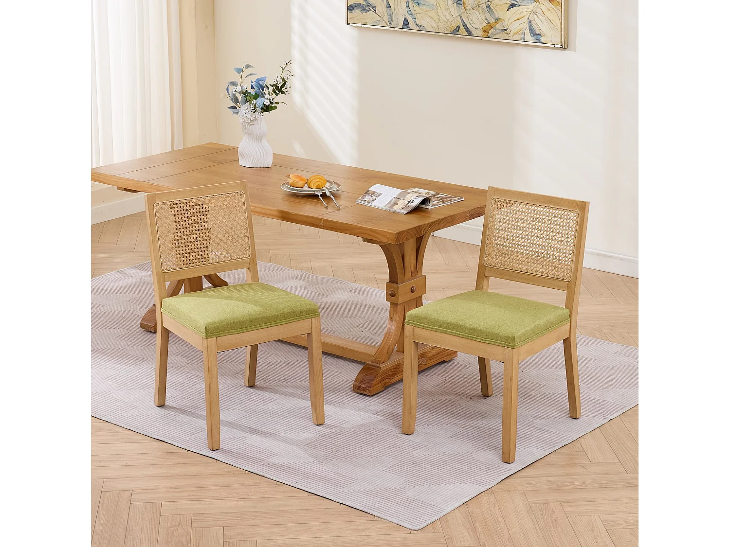 Chaises de salle à manger en rotin lot de 2 dossier cannage bois massif naturel coussin mousse ressort s vert olive - Sweiko