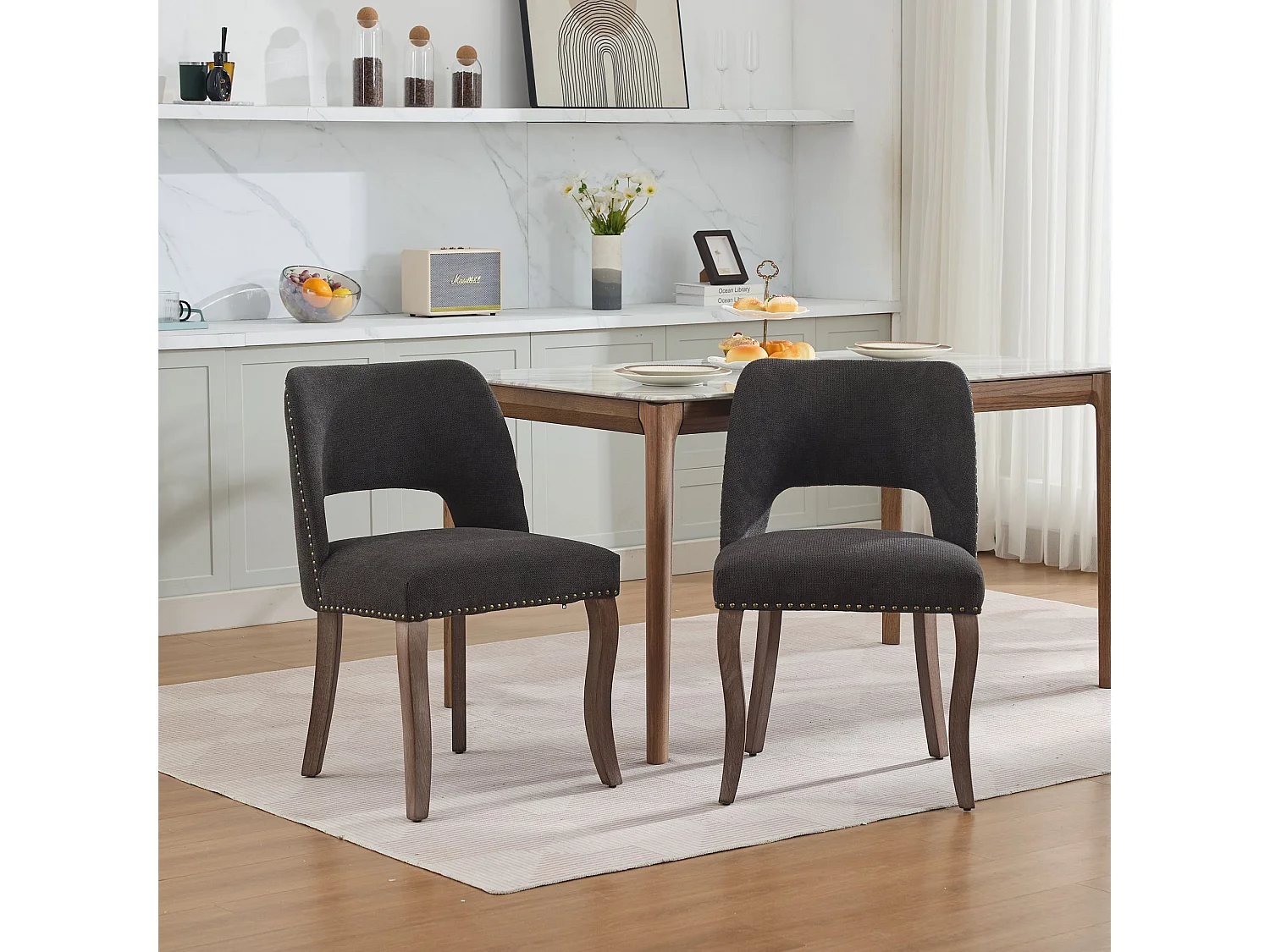 Chaises de salle à manger lot de 2 bois rembourrées tissu style fermier moderne noir - Sweiko