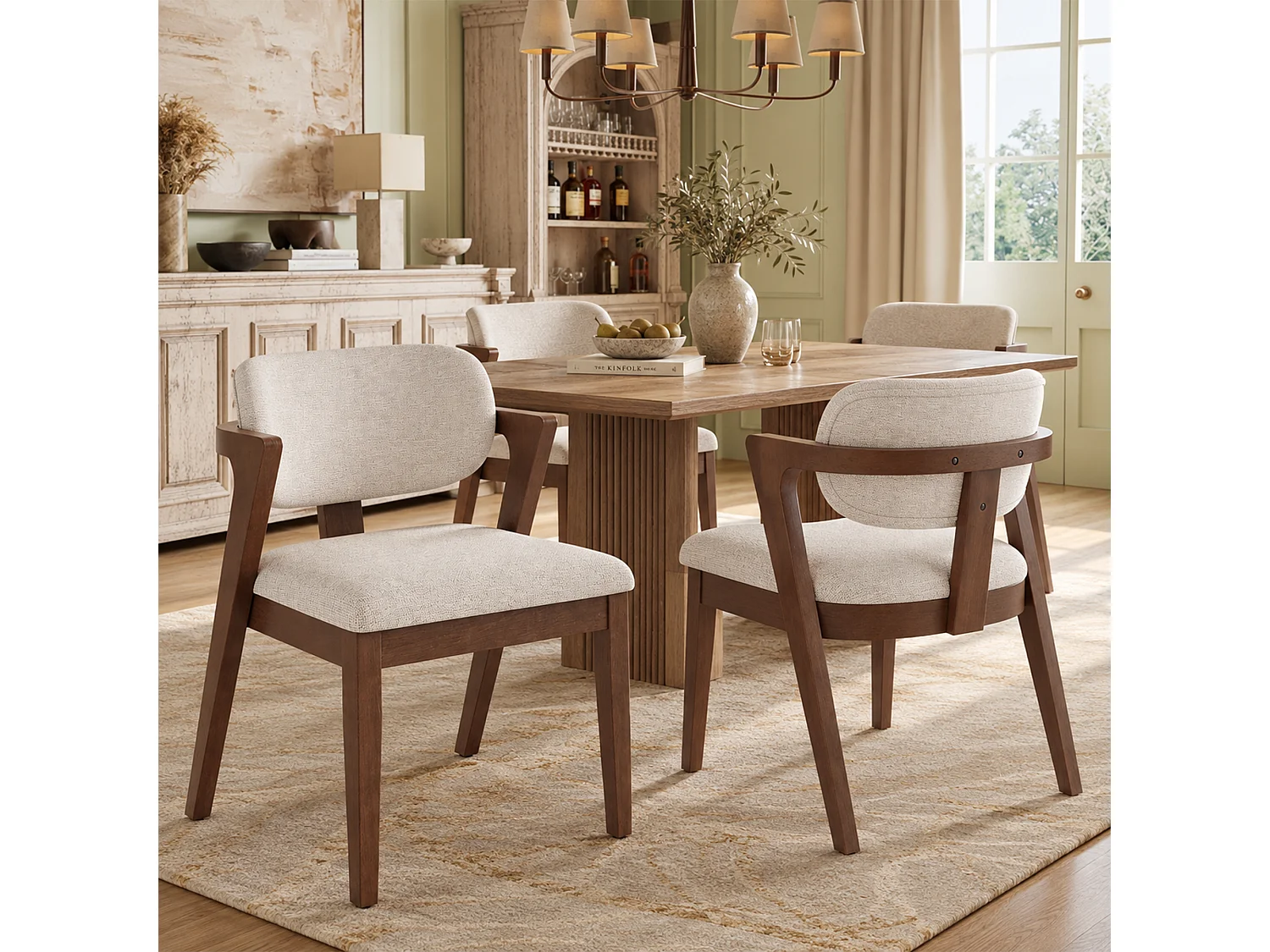 Chaise de salle à manger en bois massif, tissu lin, confortable et respirante, style moderne, salle à manger, salon, café, noyer et beige avoine - Sweiko