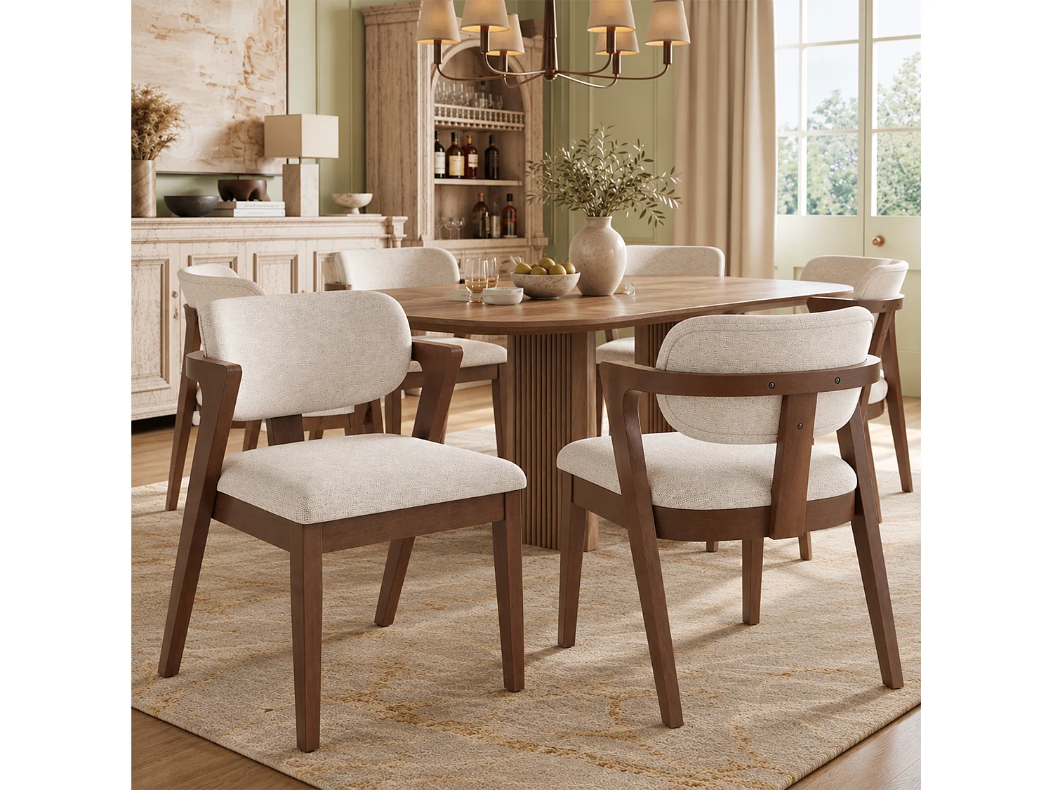 Chaise de salle à manger en bois massif, tissu lin, confortable et respirante, style moderne, salle à manger, salon, café, noyer et beige avoine - Sweiko