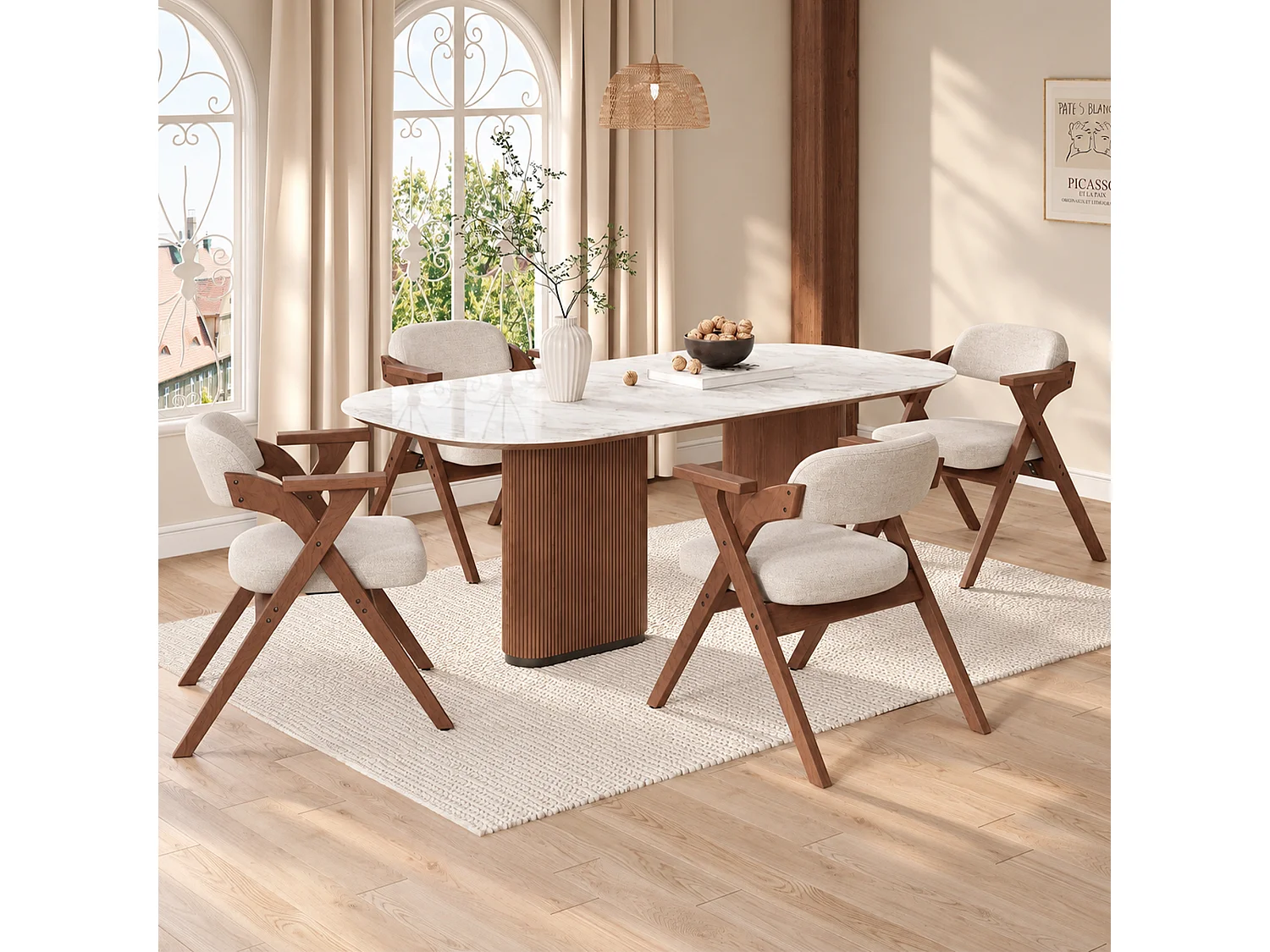 Chaise noyer en bois massif lot de 6 stable avec accoudoirs ergonomiques et revêtement de lin respirant - Sweiko
