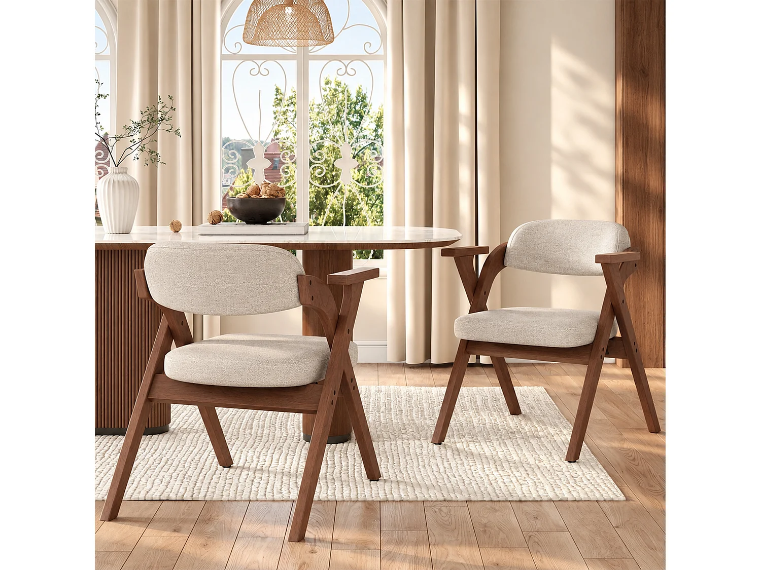 Chaise noyer en bois massif lot de 6 stable avec accoudoirs ergonomiques et revêtement de lin respirant - Sweiko