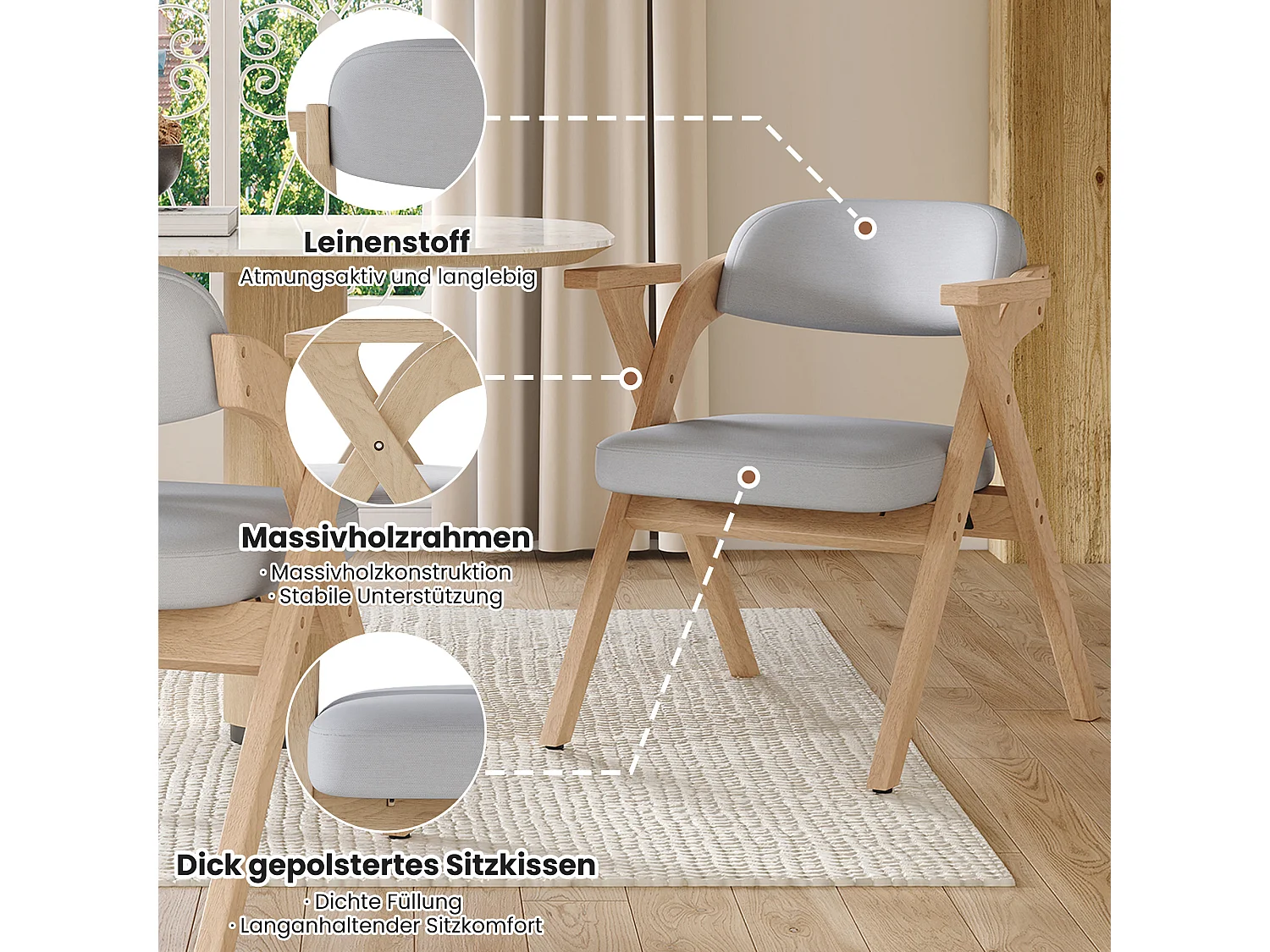 Lot de 4 chaises pliantes en bois massif gris avec revêtement en lin confortable et respirant pour salle à manger salon ou café - Sweiko