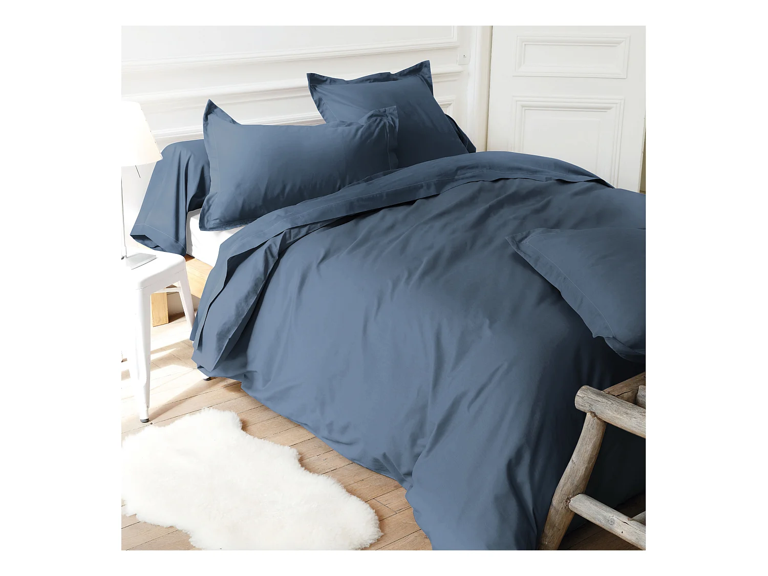 Drap housse uni 140x200 cm bonnet 30 cm coton ALTO bleu Jean