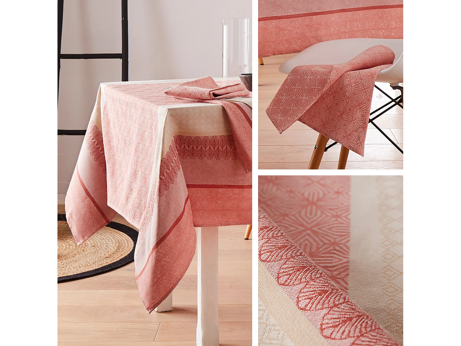Nappe ovale 170x300 cm Jacquard coton + enduction acrylique CHARLESTON rouge Corail