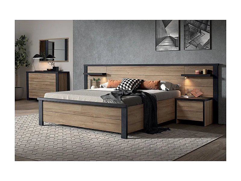 SIWA - Chambre 140x200cm + Tête de Lit avec Leds + Chevets + Commode