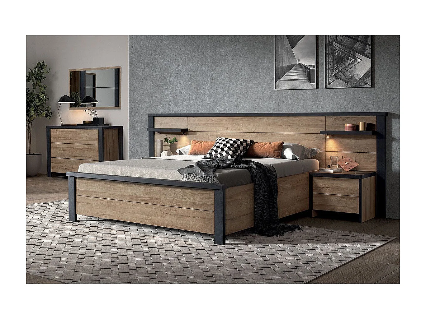 SIWA - Chambre 140x200cm + Tête de Lit avec Leds + Chevets + Commode