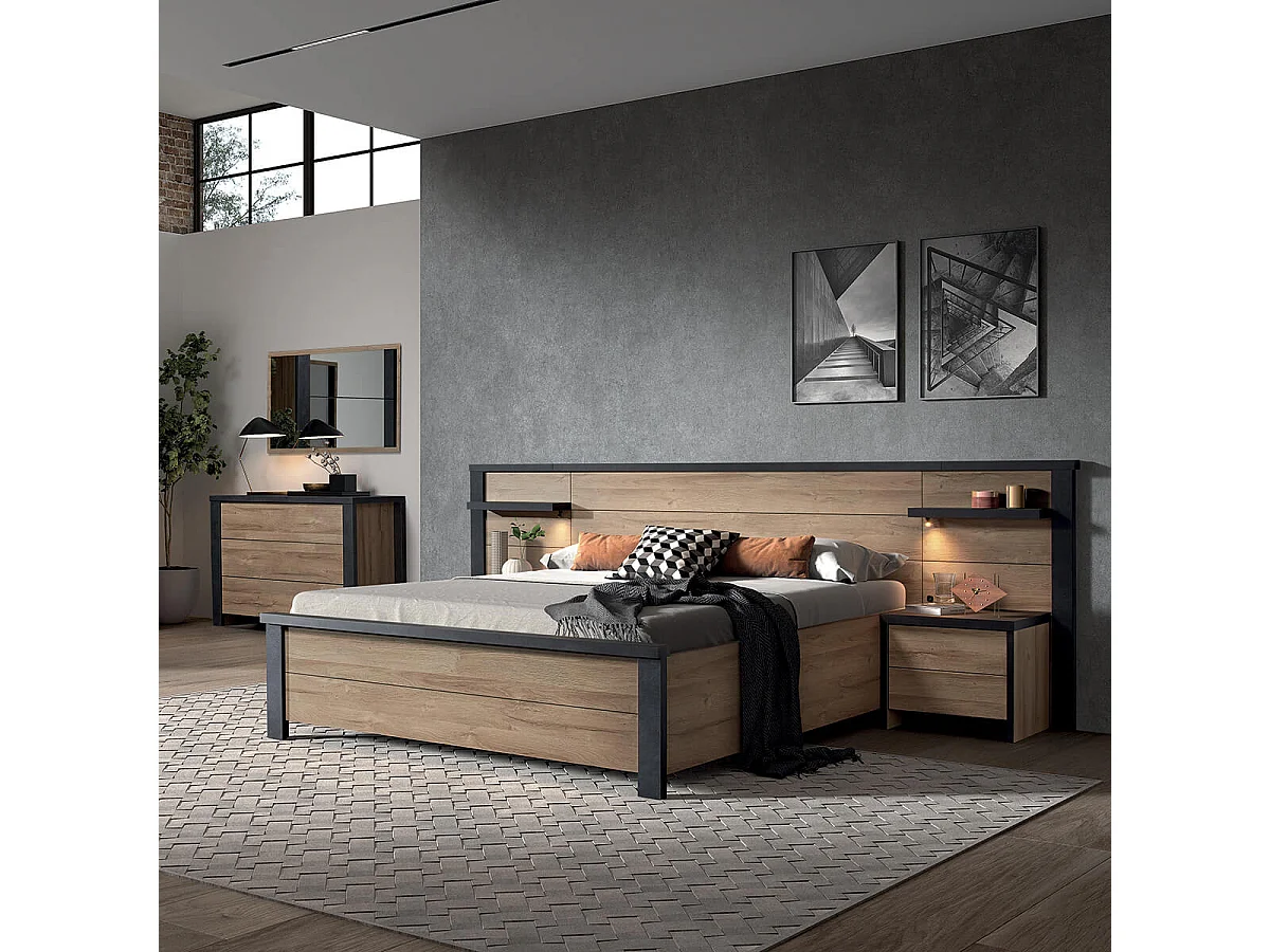 SIWA - Chambre 160x200cm + Tête de Lit avec Leds + Chevets + Commode