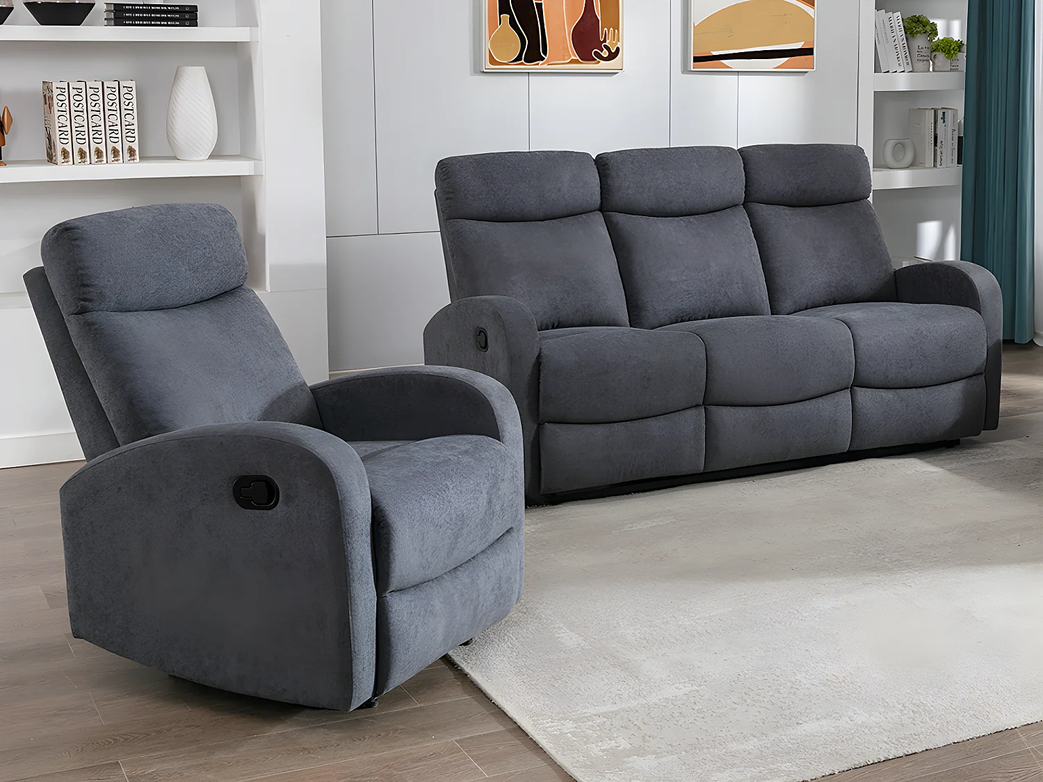 Canapé 3 places et fauteuil relax en tissu gris EVELYN