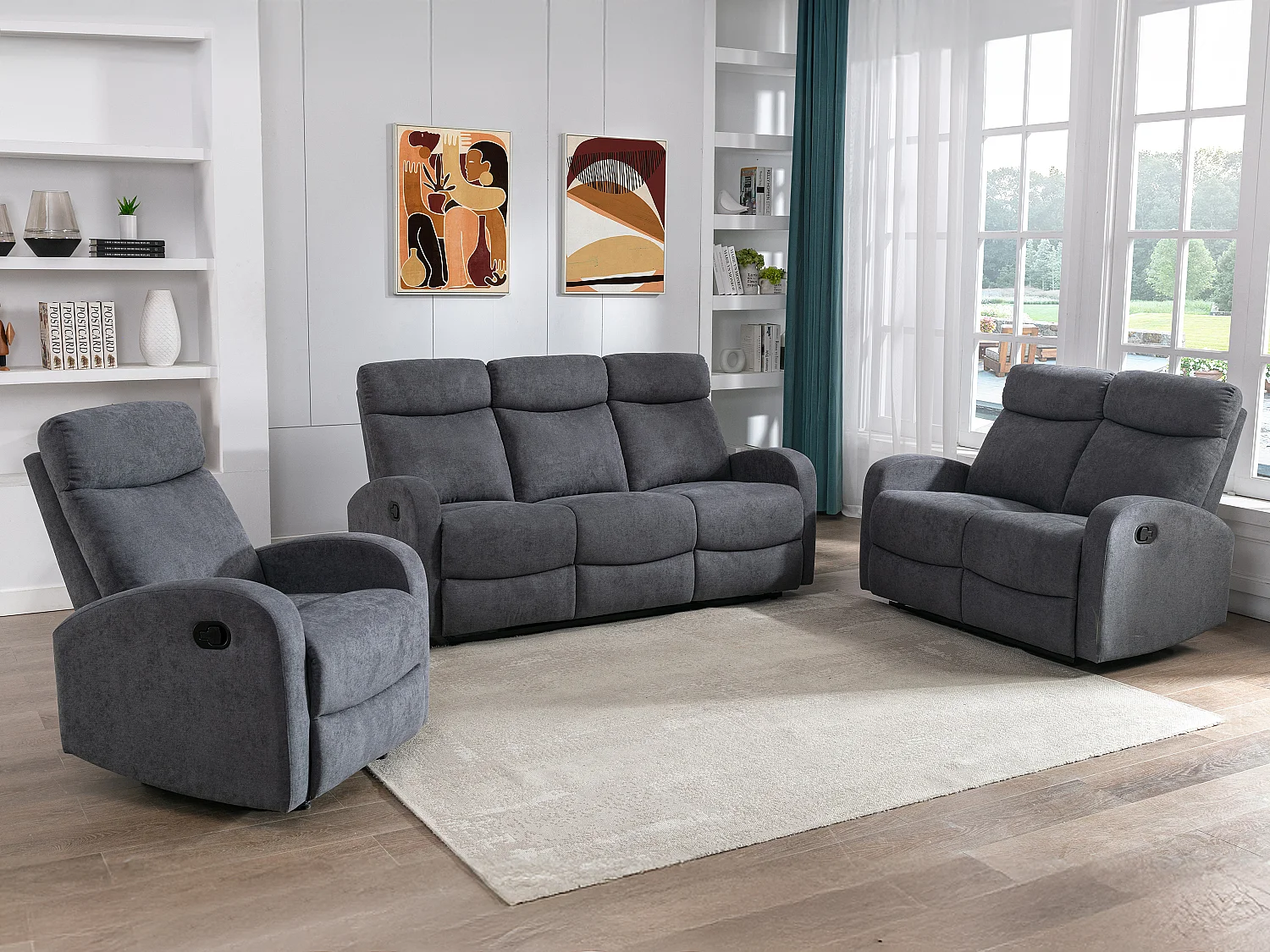 Canapés 3 places 2 places et un fauteuil relax en tissu gris EVELYN