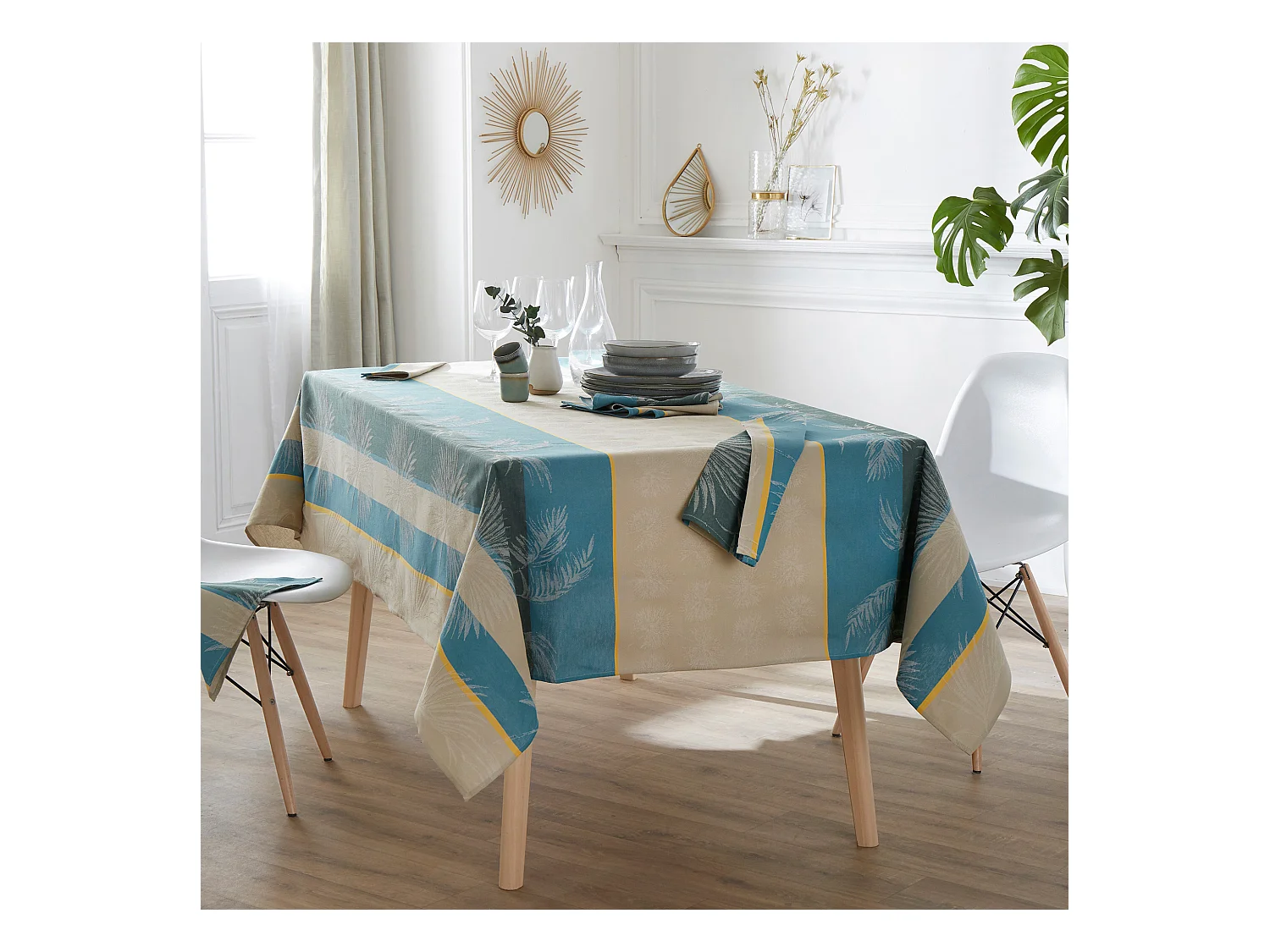 Nappe ovale 170x300 cm PALMIER bleu lagon Jacquard coton + enduction acrylique