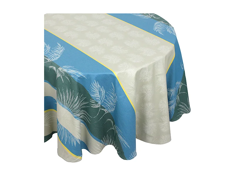 Nappe ovale 170x240 cm PALMIER bleu lagon Jacquard coton + enduction acrylique