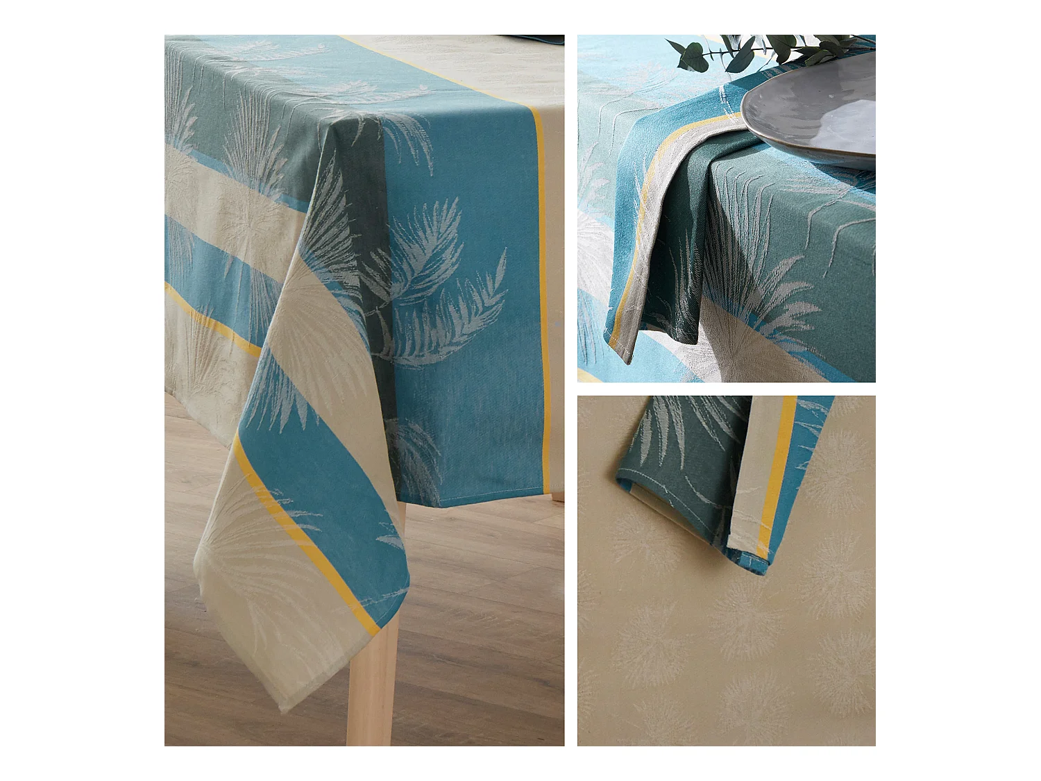 Nappe ovale 170x240 cm PALMIER bleu lagon Jacquard coton + enduction acrylique