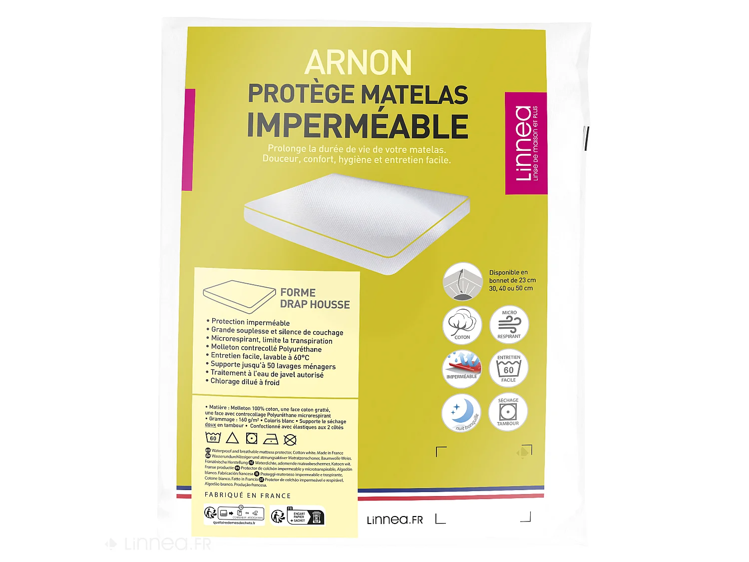 Protège matelas imperméable ARNON 200x190 cm bonnet 50 cm molleton coton contrecollé polyuréthane