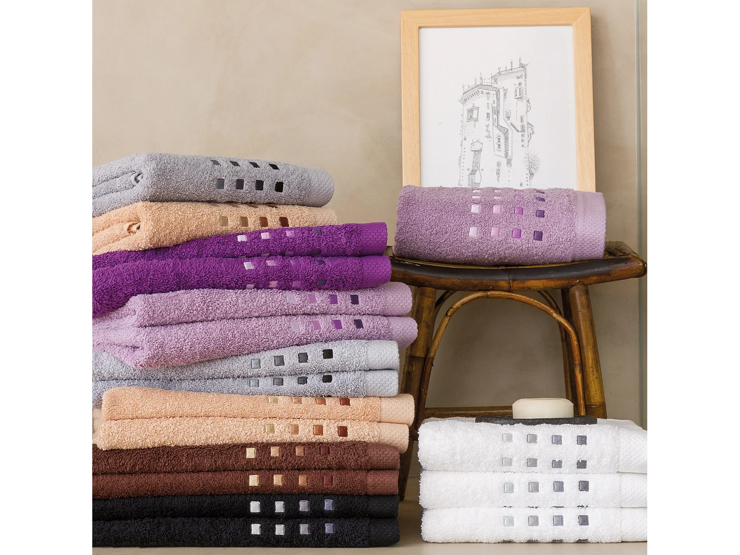 Drap de bain 100x150 cm PURE SQUARES Violet 550 g/m2