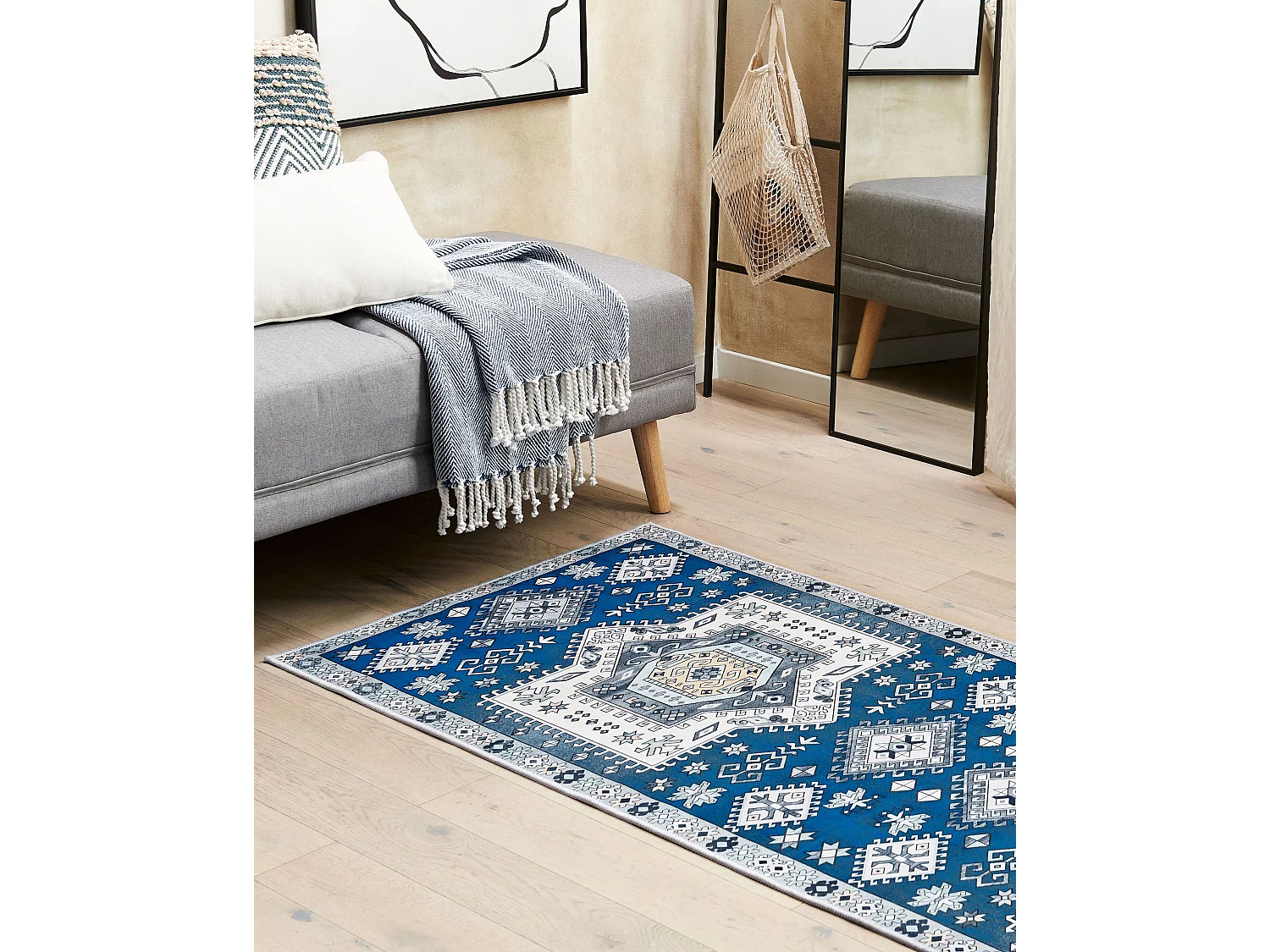 Moderner Teppich Kurzflor geometrisches Muster 80 x 200 cm blau/beige Parvakadli