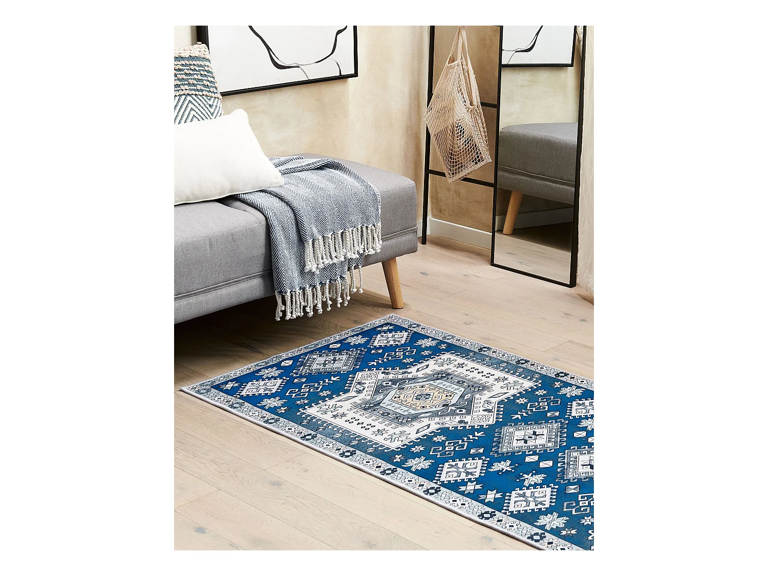 Moderner Teppich Kurzflor geometrisches Muster 70 x 200 cm blau/beige Parvakadli