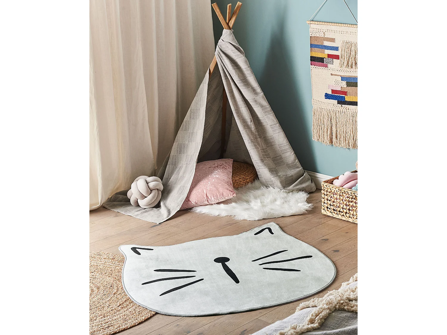 Kinderteppich grau ⌀ 100 cm Katzenmotiv Kurzflor KITTY