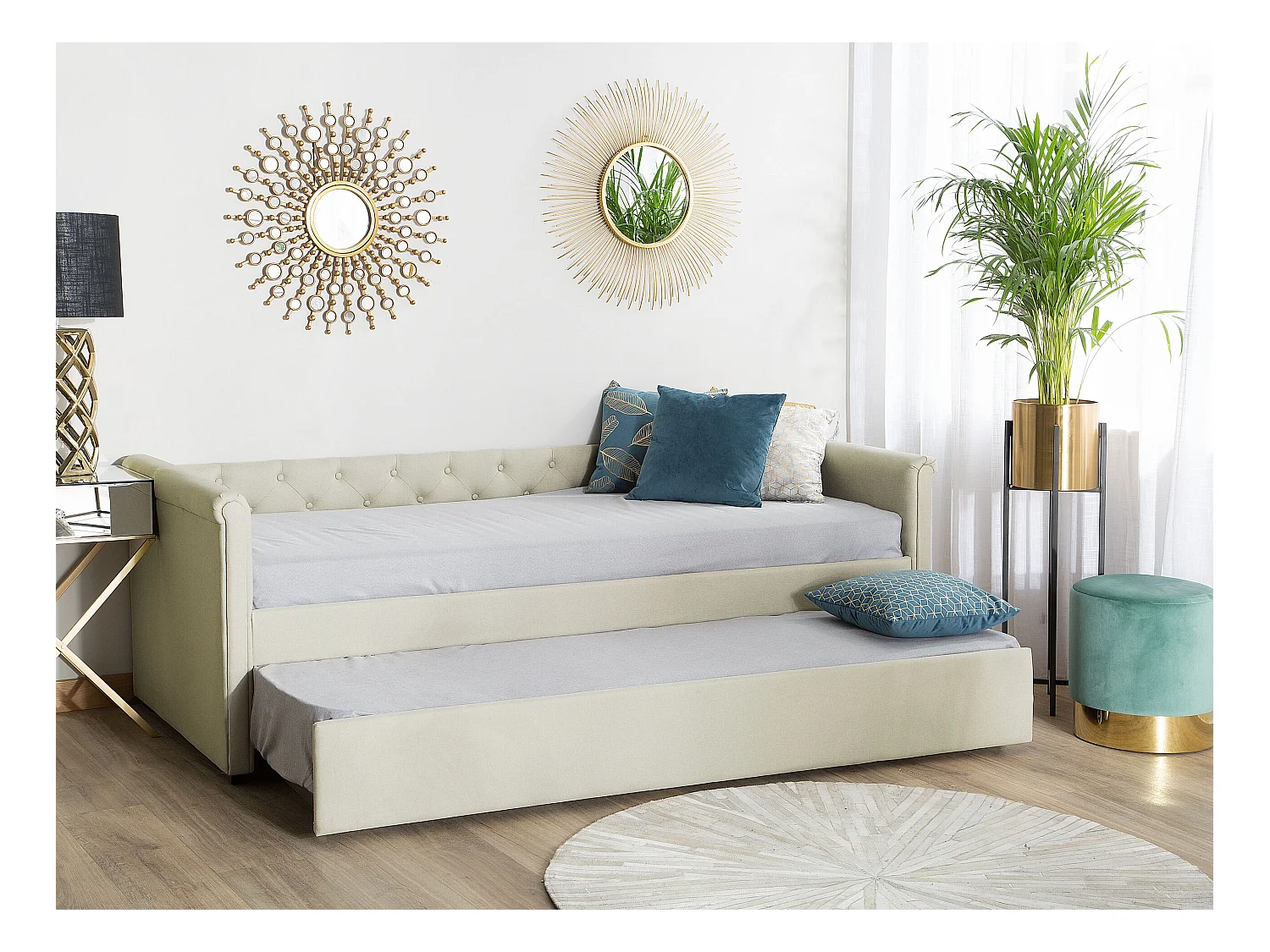 Elegantes Tandembett ausziehbar Polsterung beige Leinenoptik Libourne