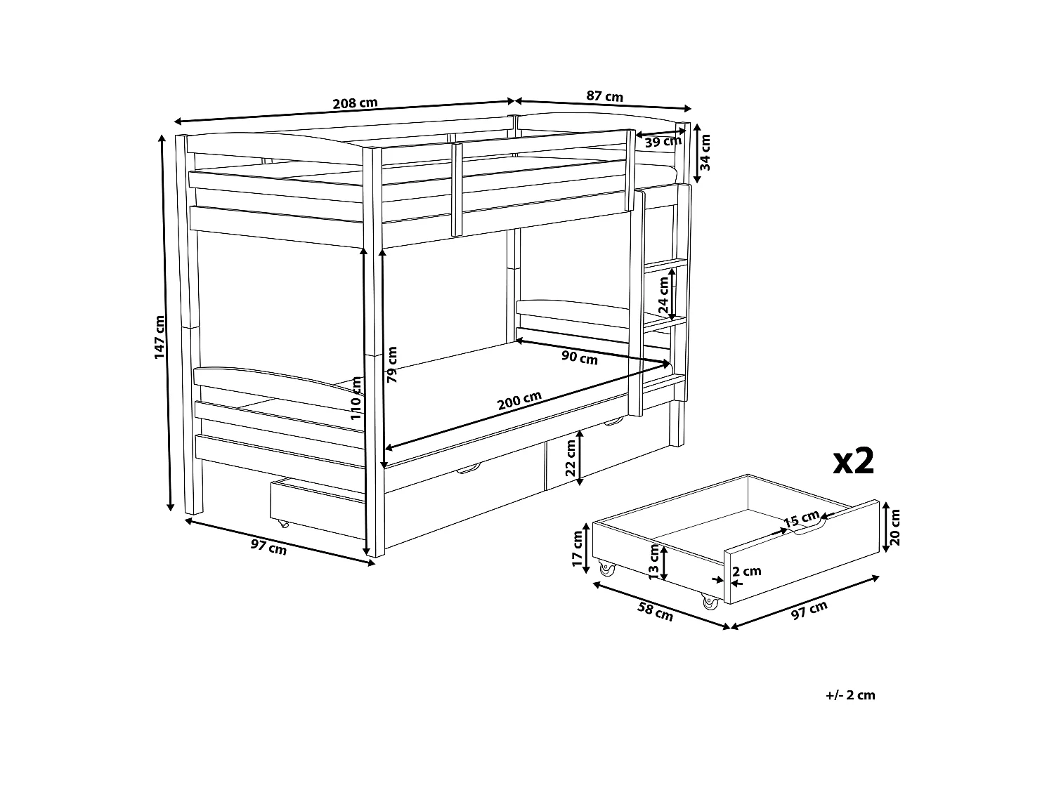 Beliche com gavetas Pinho REVIN 90 x 200 cm Azul marinho