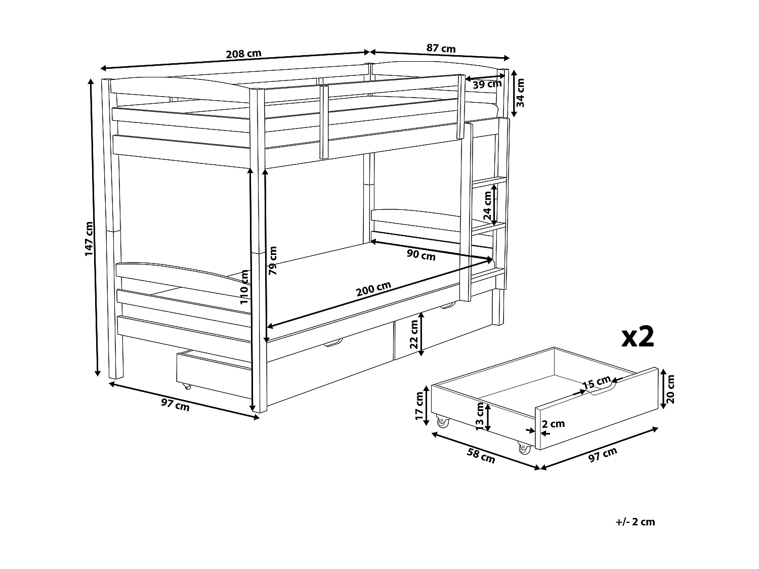 Lit superposé Bois de pin REVIN 90 x 200 cm Bleu marine