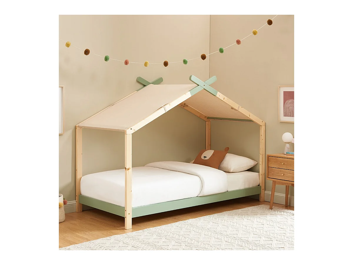 Lit cabane 90x190 en pin massif vert avec sommier - Charly