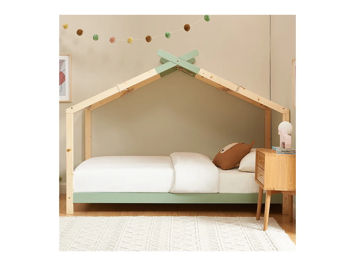 Lit cabane 90x190 en pin massif vert avec sommier - Charly