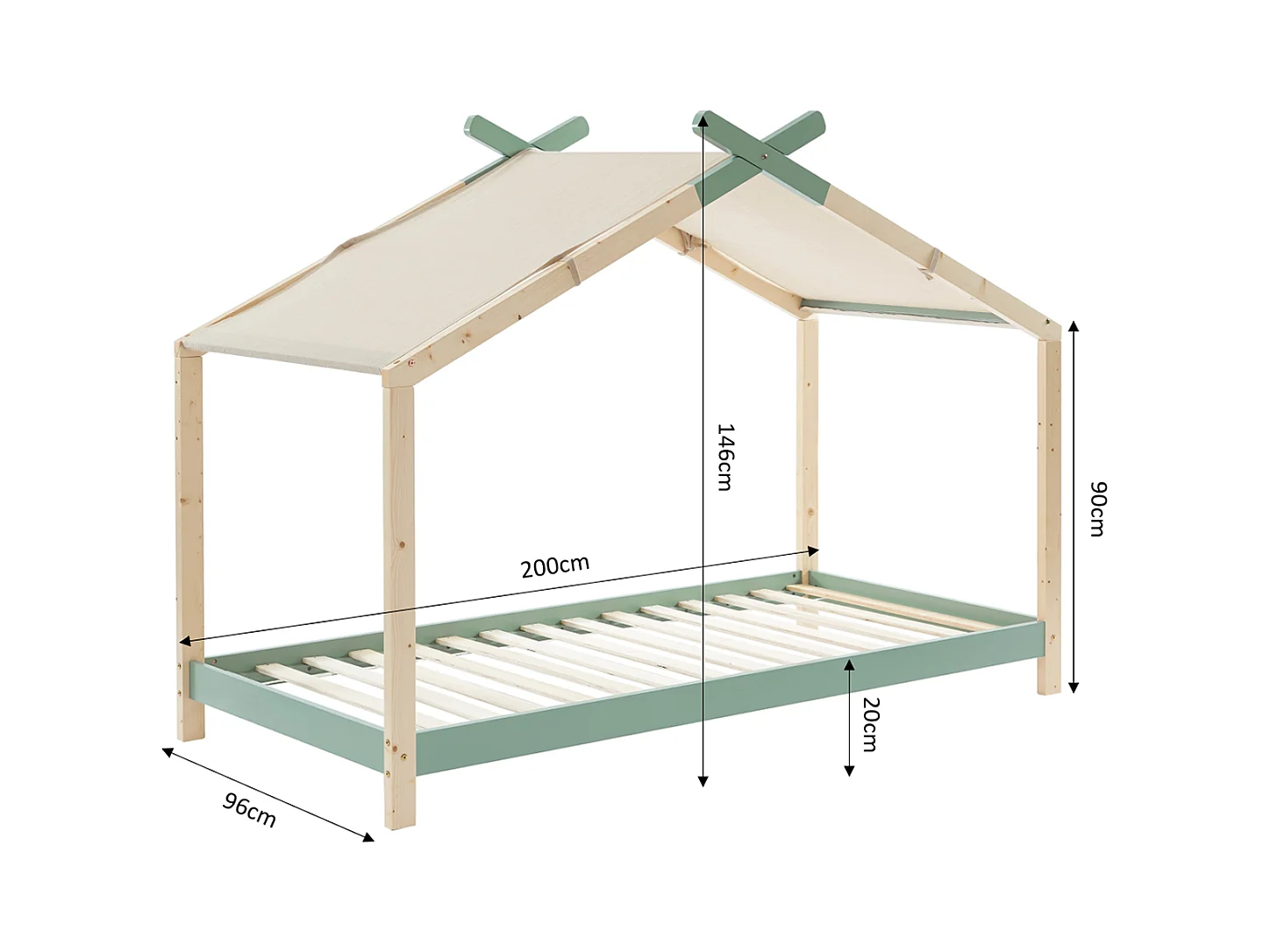 Lit cabane 90x190 en pin massif vert avec sommier - Charly