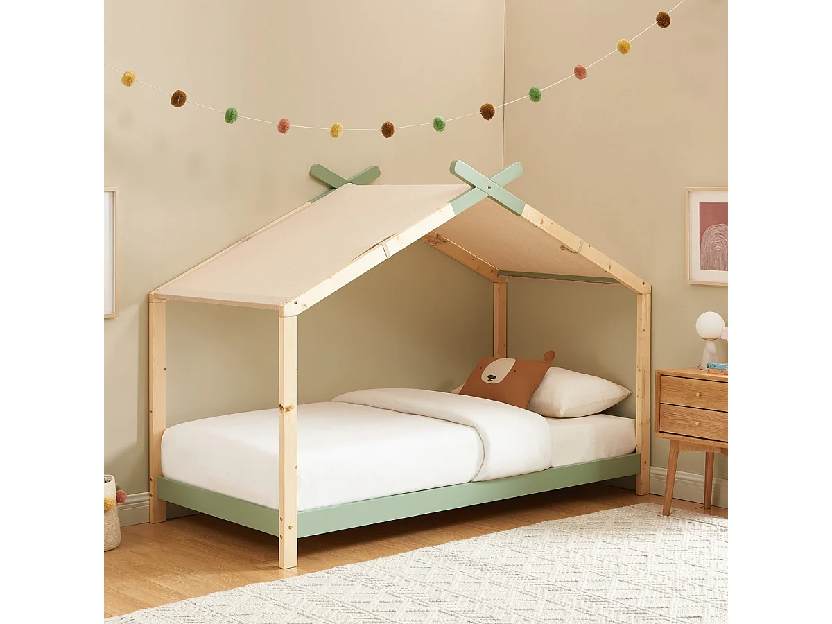 Lit cabane 90x190 en pin massif vert avec sommier - Charly