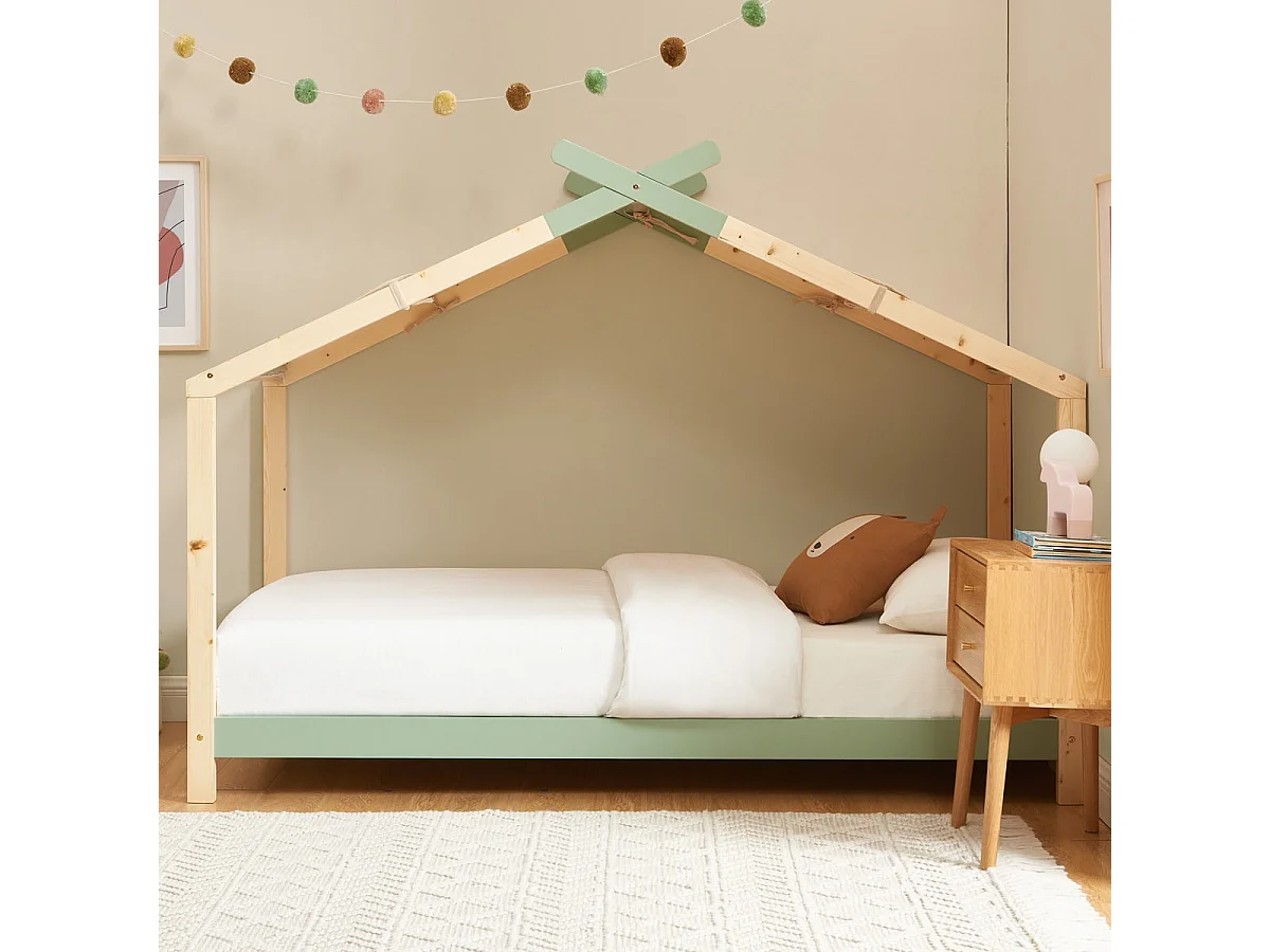 Lit cabane 90x190 en pin massif vert avec sommier - Charly